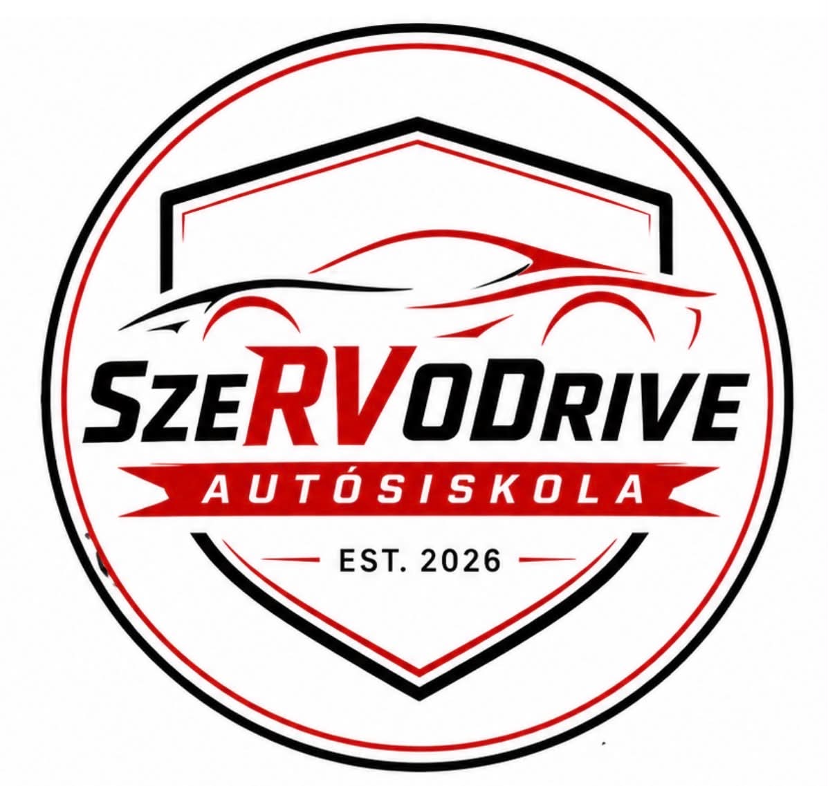 Kör alakú logó áttetsző alapon, piros-fekete autórajzzal és „Szervezet Autósiskola” felirattal.